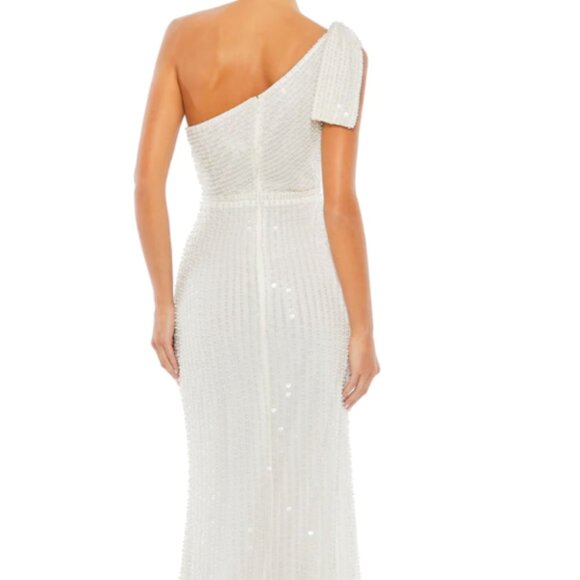 MAC DUGGAL 93735 PEARL EMBELLISHED SOFT TIE ONE SHOULDER WHITE GOWN sz 10 - Picture 4 of 5